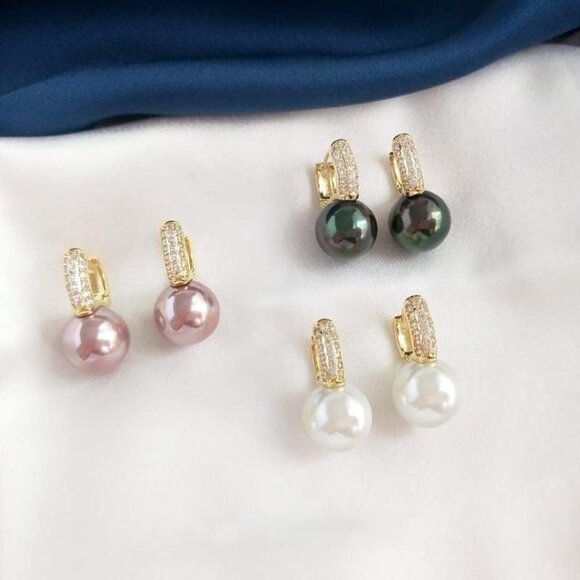 ⚡Gold Hoop Earrings with Purple Pearl and Crystal Pave Elegant Drop Jewelry - Picture 4 of 7